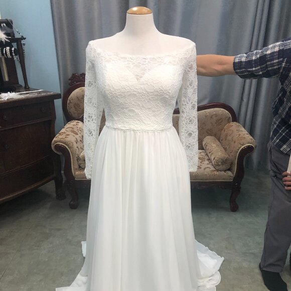 SAMPLE A-Line Lace Long Sleeve Wedding Dress, Off-the-shoulder Bateau,  POCKETS - Picture 1 of 12